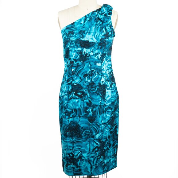 Michael Kors One Shoulder Sheath Dress Turquoise Marbled Print 10 - Picture 1 of 9